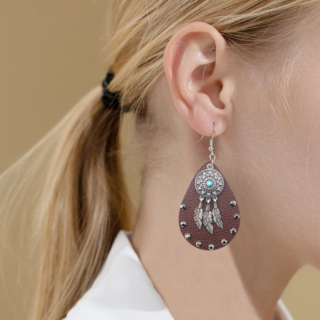 Wholesale Boho Feather Leather Drop Earrings